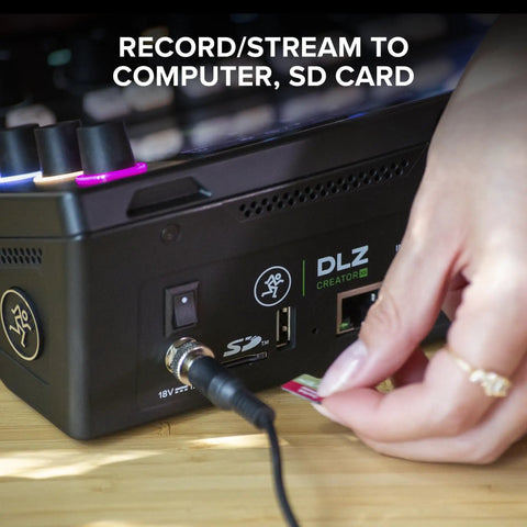Inserting SD card into Creator XS Adaptive Digital Mixer For Podcasting And Streaming With User Modes and Mix Agent Tech Auto Mix Onyx80