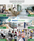 Collage showing air filter benefits in home, office, retail, hospital, institutional, and industrial settings.