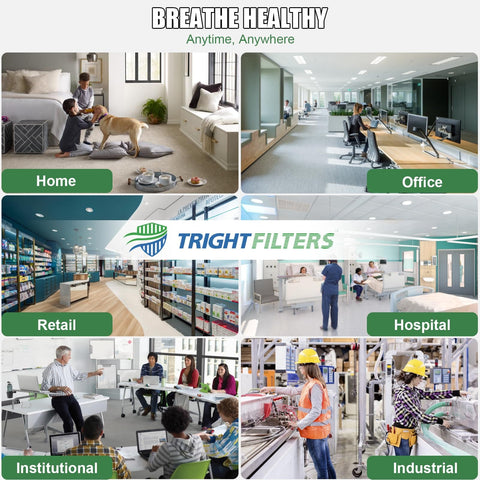 Collage showing air filter benefits in home, office, retail, hospital, institutional, and industrial settings.