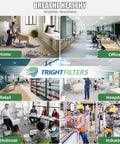 Collage of environments showing home, office, retail, hospital, institutional, industrial settings with "Breathe Healthy" and "Tright Filters" text.