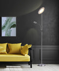 Go-To 70-Inch Slim LED Torchiere Floor Lamp With Reading Light, Remote, Satin Nickel Finish in modern living room setup
