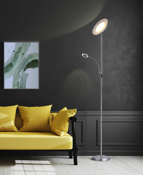 Go-To 70-Inch Slim LED Torchiere Floor Lamp With Reading Light, Remote, Satin Nickel Finish in modern living room setup
