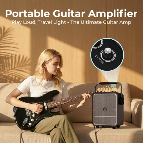 Woman playing guitar next to All In One 150W Karaoke Machine With Dual Wireless Mics Portable Party PA System And Voice Amplifier