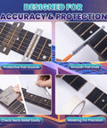 All In One Fret Leveling Kit With 18 Inch Beam Notched Ruler Sandpaper 120 1000 Grit Fret Rocker Crowning File And Guitar Setup Tools shown with fret guards, smooth fret ends, neck relief check, and precision masking.