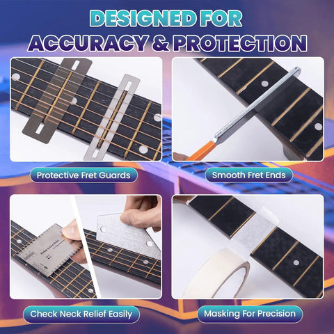 All In One Fret Leveling Kit With 18 Inch Beam Notched Ruler Sandpaper 120 1000 Grit Fret Rocker Crowning File And Guitar Setup Tools shown with fret guards, smooth fret ends, neck relief check, and precision masking.