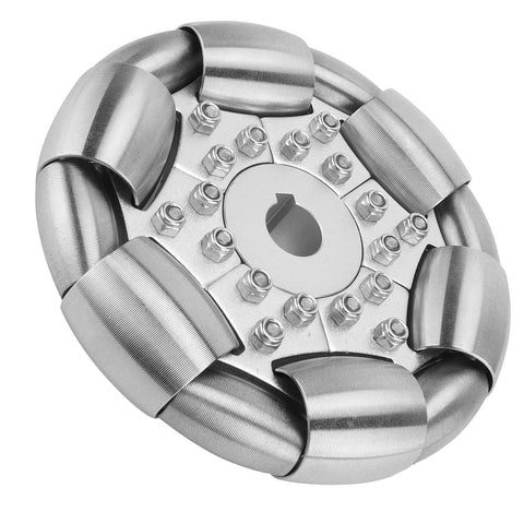 100mm stainless steel omni wheel with multiple rollers around a central hub