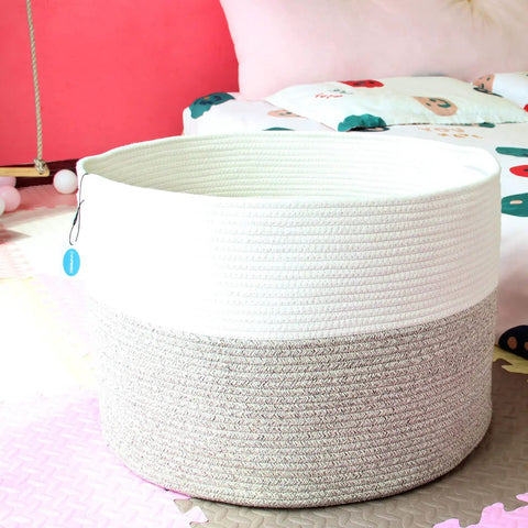 XXXL Cotton Rope Storage Basket With Handles For Blankets Towels And Pillows, Jumbo Woven Laundry Hamper, White And Brown