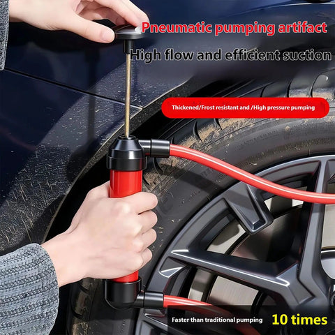 Hand Plunger Manual Fluid Transfer Pump, Compact Liquid Extractor Tool For Travel Ready Drainage in use on a tire.