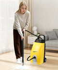 Heavy Duty Commercial Steam Cleaner High Temp Industrial Pressure Washer Kitchen Car Detailing Chemical Free Professional Cleaning Tool 2500 Watt being used by a woman.