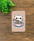 Funny Vintage Metal Sign Featuring Kawaii Cat Eating Ramen Cute Noodle Lover Tin Wall Art 8x12 Inches For Home Office Garage Decor Durable Aluminum Poster With Easy Mount