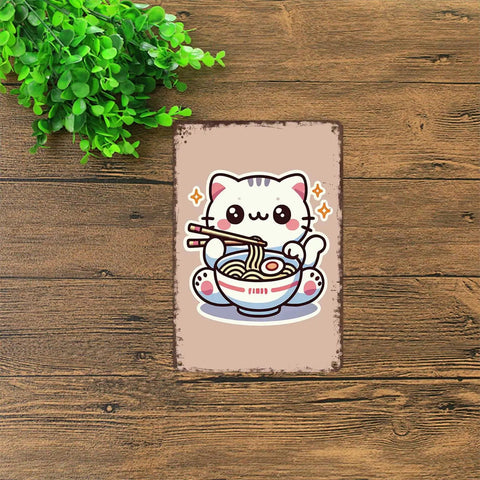 Funny Vintage Metal Sign Featuring Kawaii Cat Eating Ramen Cute Noodle Lover Tin Wall Art 8x12 Inches For Home Office Garage Decor Durable Aluminum Poster With Easy Mount