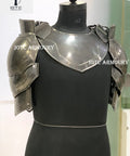 Medieval Pauldrons With Gorget Armor Kit for Knight LARP on mannequin, 18-gauge steel, articulated design for mobility.