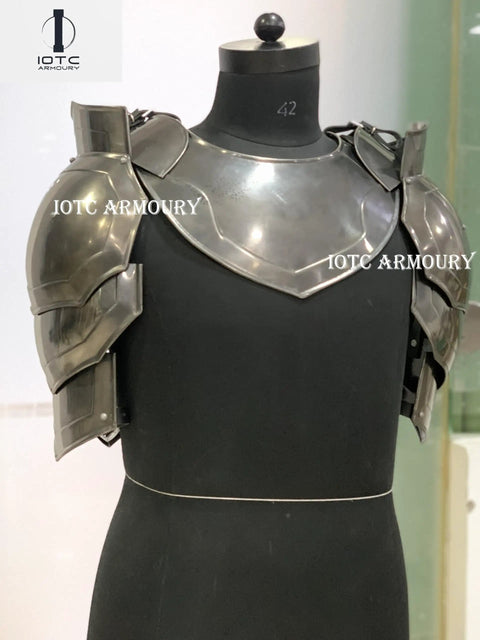 Medieval Pauldrons With Gorget Armor Kit for Knight LARP on mannequin, 18-gauge steel, articulated design for mobility.