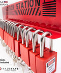 Real Tough Heavy Duty Lockout Tagout Locks Station holding up to 20 red padlocks for industrial worksite safety.