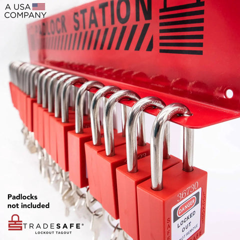 Real Tough Heavy Duty Lockout Tagout Locks Station holding up to 20 red padlocks for industrial worksite safety.