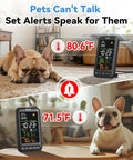 Wireless Indoor Outdoor Thermometer Weather Station With Remote Sensor Vertical Color Display Temperature Humidity Monitor 12 Hour Forecast Atomic Clock Adapter Powered Black No App Needed showing temperature readings near pets.