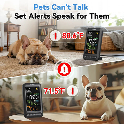 Wireless Indoor Outdoor Thermometer Weather Station With Remote Sensor Vertical Color Display Temperature Humidity Monitor 12 Hour Forecast Atomic Clock Adapter Powered Black No App Needed showing temperature readings near pets.