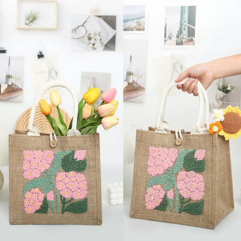DIY Punch Needle Tote Bag Kit For Adults And Beginners With Video Tutorial And Clear Written Instructions Includes Tools For A Unique Pink Green Tote Pattern You Can Craft On The Go, showcasing finished bag in a stylish setting.
