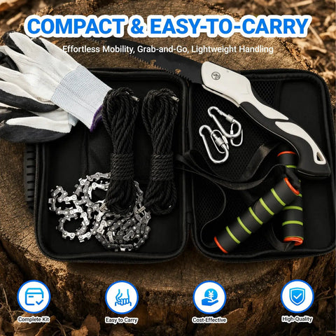 55 Inch Rope Saw Kit With 72 Teeth And 46 Feet Of Ropes For Camping And Survival, showing gloves, chains, and accessories in case.