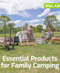 Family camping scene with a collapsible wagon cart and gear, 350lb load, 100L storage, ideal for outdoor hauling.