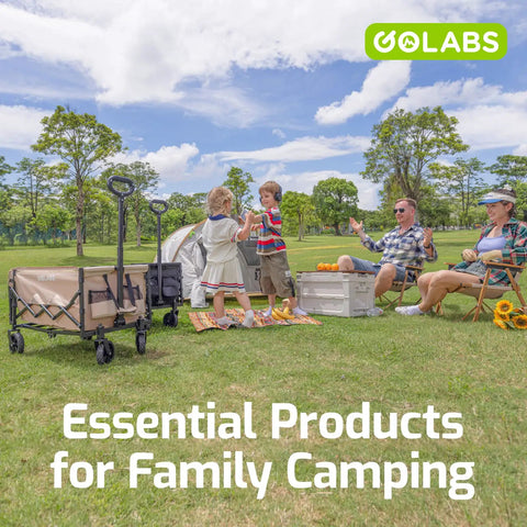 Family camping scene with a collapsible wagon cart and gear, 350lb load, 100L storage, ideal for outdoor hauling.