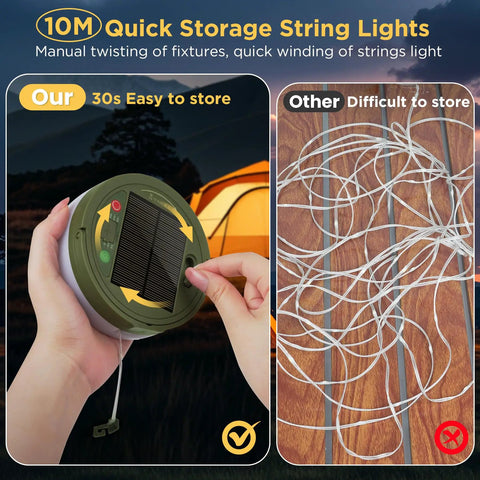 Retractable 33ft Solar Camping String Lights 4 In 1 Lantern shown for easy storage next to tangled lights on wood table.