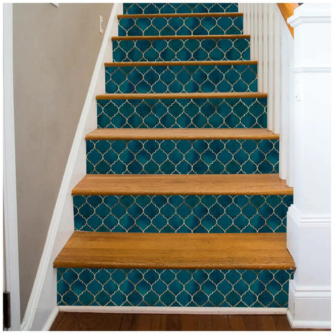 Geometric Trellis Peel And Stick Wallpaper Emerald Sapphire Blue And Bronze Textured Matte Finish on staircase risers