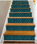Peel And Stick Geometric Trellis Wallpaper In Sapphire Blue And Bronze Removable Contact Paper installed on staircase