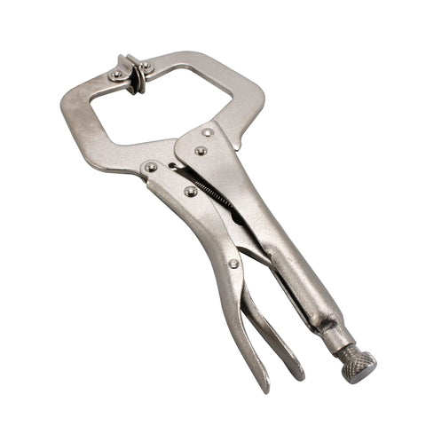 Six Piece 11 Inch C Clamp Locking Pliers Set With Swivel Pads, Heavy Duty, nickel-plated steel body, close-up view