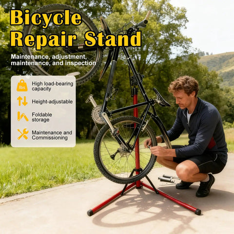 Heavy Duty E Bike Repair Stand With 110 Lbs Capacity in use during outdoor bike maintenance.