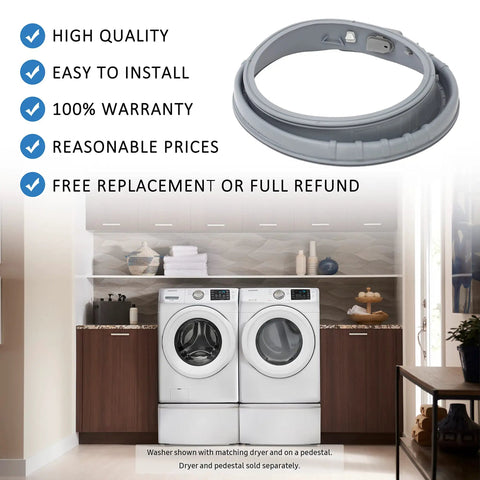 Washer Door Boot Seal Replacement DC97-18094B top view with Samsung front-load washers in a laundry room setup.