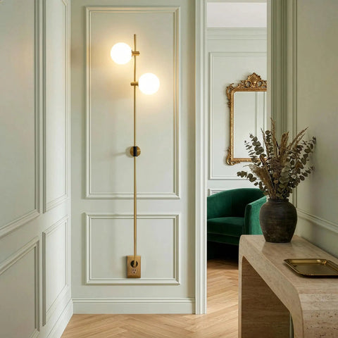 Equinox LED Wall Sconce Indoor Plug In Light For Bedroom And Bathroom With Glass Globe Shades Industrial Wall Mounted Fixture And On Off Switch Gold Finish Perfect For A Modern Home Vibe