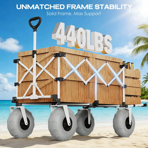 260L Beach Wagon With Extended Tailgate Heavy Duty Beach Cart 440Lbs Capacity 9 Inch Balloon Wheels For Sand in light blue