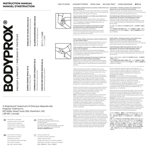 Elbow Brace Duo Pack For Tennis And Golfer's Elbow Pain Relief instruction manual with multilingual guide and diagrams.
