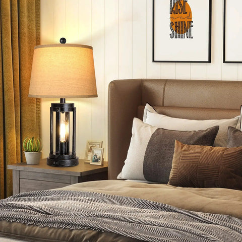 Set Of Two Modern Black Table Lamps With USB Ports And AC Outlet And 3 Way Dimmable Farmhouse Touch Lamps on bedside table