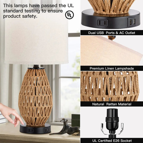 Touch Control Rattan Bedside Lamps Set Of 2 With 3 Way Dimming USB Ports And AC Outlet Wicker Nightstand Lamps for Cozy Vibes