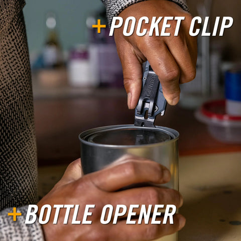 Blue Gerber Prybrid multi-tool with pocket clip being used to pry open a metal can; bottle opener included
