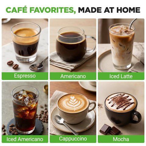 This Twenty Bar Espresso Maker Delivers Rich Bold Flavor With An Integrated Milk Frother And Roomy Removable Tank For Serving Silky Lattes And Americanos Through The Day In Premium Stainless Steel Housing with various coffee drinks.