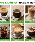 Various coffee drinks made at home using the Premium Twenty Bar Espresso Maker With Built In Milk Frother And One Point Eight Quart Removable Tank.