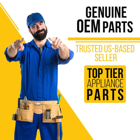 Man in blue uniform with tool belt pointing, overlaid text 'Genuine OEM Parts, Trusted US-Based Seller'
