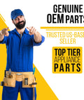 Man in blue coverall with tool belt advertising genuine OEM parts from US-based seller.