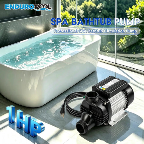 Heavy Duty 1.0 HP Spa Pump With Kickin Jet Pressure And Smooth High Flow Operation For Hot Tubs Whirlpool Baths 110V 60Hz 750W Motor Replacement 1.5 Inch Port beside a modern bathtub.
