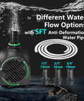 Ultra Quiet Submersible Pond Pump With Auto Shut Off, 3 nozzle sizes, 5 ft tubing, for Aquarium, Fish Tank, Pond.