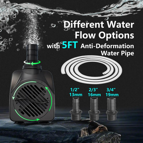 Ultra Quiet Submersible Pond Pump With Auto Shut Off, 3 nozzle sizes, 5 ft tubing, for Aquarium, Fish Tank, Pond.
