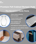 Premium Felt Cabinet Bumpers With Strong Self Adhesive Backing White Door And Drawer Pads For Furniture Surfaces Stop Scratches And Dents Dead In Their Tracks, shown with a glass vase and a keyboard.