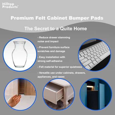 Premium Felt Cabinet Bumpers With Strong Self Adhesive Backing White Door And Drawer Pads For Furniture Surfaces Stop Scratches And Dents Dead In Their Tracks, shown with a glass vase and a keyboard.
