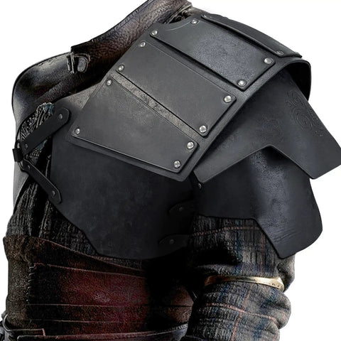 Viking Faux Leather Pauldron Shoulder Armor For LARP And Cosplay Badass Medieval Knight Look in black PU leather close-up view