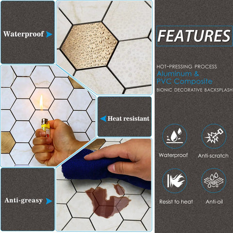 10 Pack Peel And Stick Hexagon Backsplash Tiles In Cream Marble Brushed Copper Metal Look For Kitchen And Bath features chart.