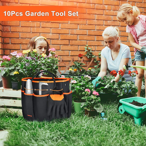10 Piece Stainless Steel Garden Tools Set For Planting And Pruning with carry bag, women gardening with flowers.