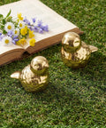 Two Pack Gold Bird Toilet Bolt Covers Decorative Screw Caps Glossy Finish on green grass with flowers and a book in background.